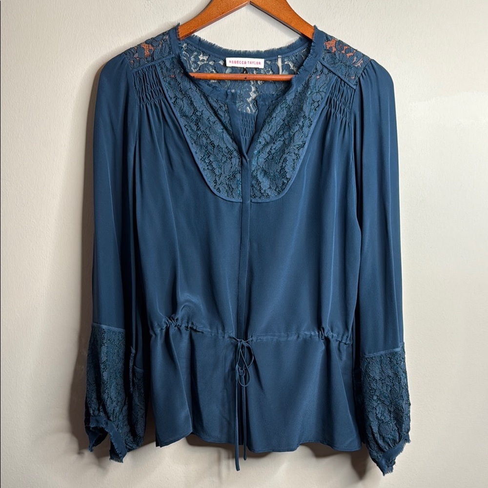 Rebecca Taylor silk blouse with tie waist and lace panel with eyelash edge